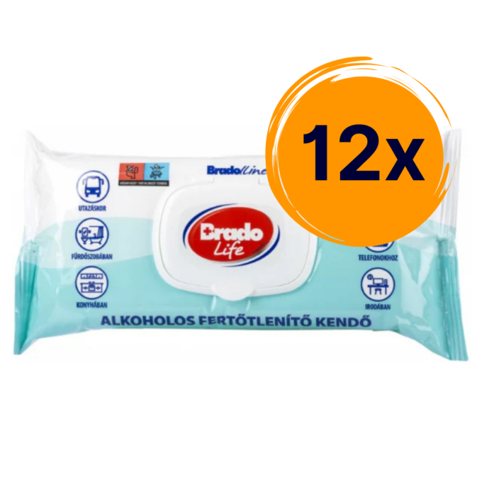 12x Bradolife alkholos fertőtlenítő kendő kupakos kiszerelésben