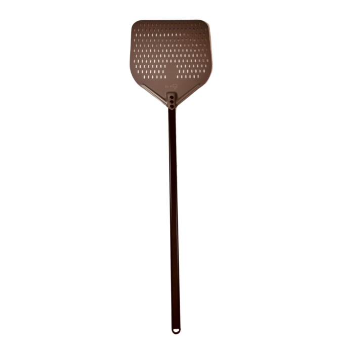 Dr. Pizza 14” perforált alumínium vető pizzalapát hosszú nyéllel – biztonság és kényelem mély kemencékhez.