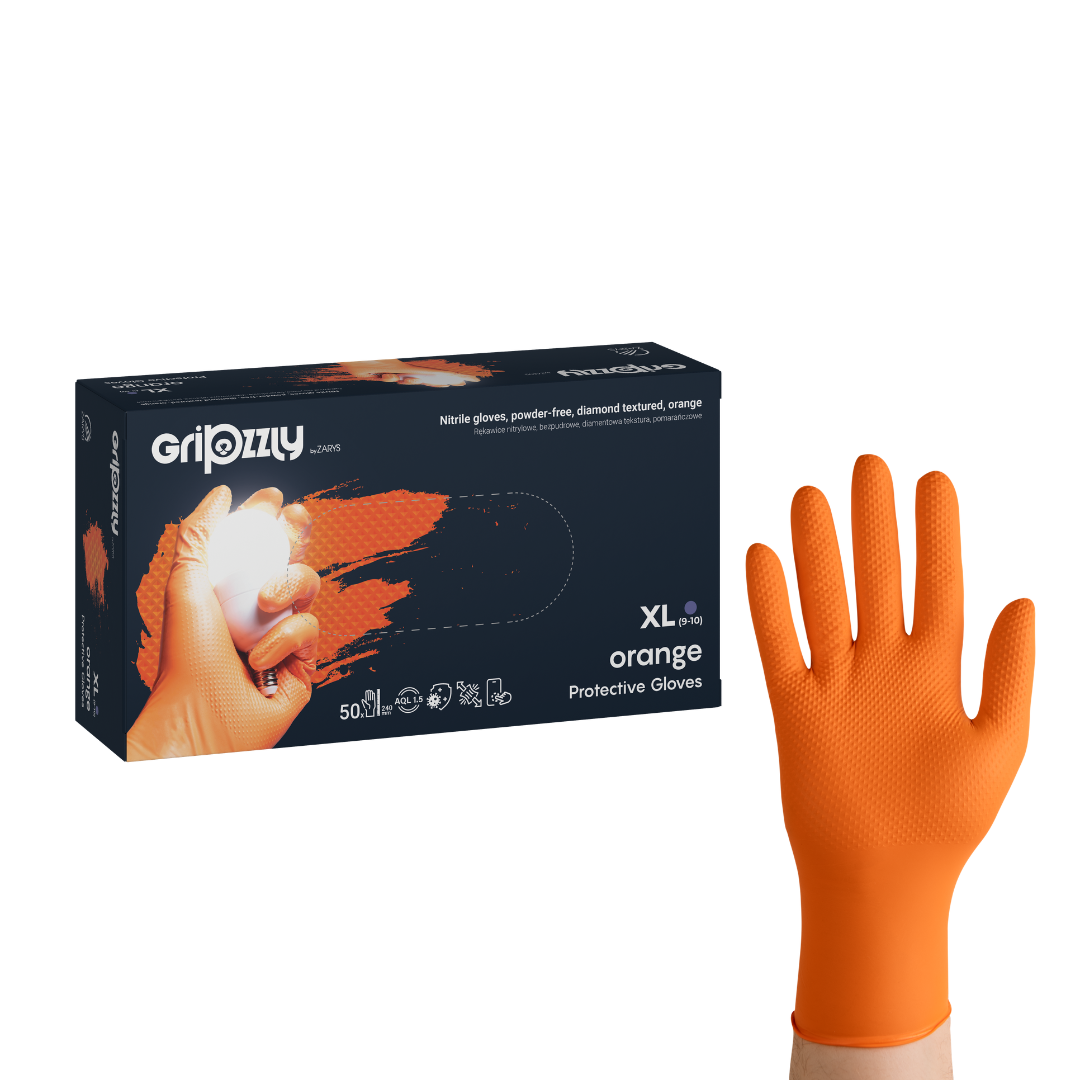 Gripzzly Orange vastag nitril kesztyű (narancs, 50 db) használat közben