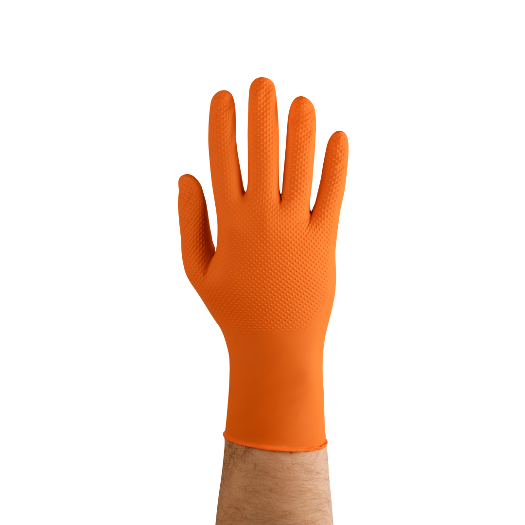 Gripzzly Orange vastag nitril kesztyű (narancs, 50 db) használat közben
